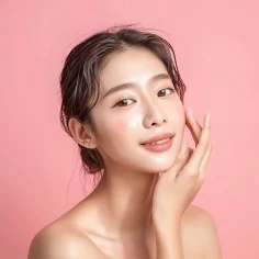 Woman-with-dewy-skin-and-blush-on-pink-background